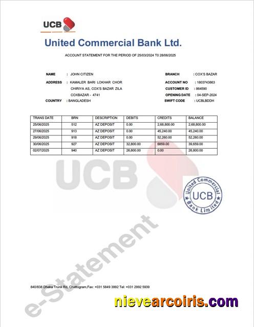 Bangladesh United Commercial Bank account statement Word and PDF